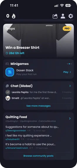 Breezer Quit Mode – Drops, minigames, chat and quitting feed