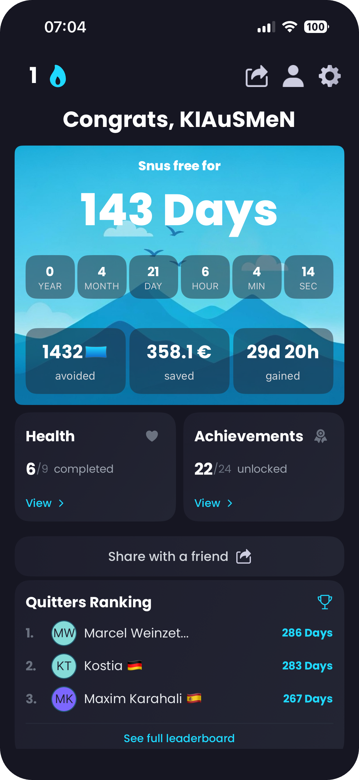 Breezer Quit Mode – days snus-free, savings, and health progress